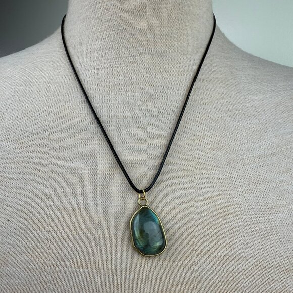 Gold Tone Labradorite Pendant on Black Cord 22" - Picture 2 of 5